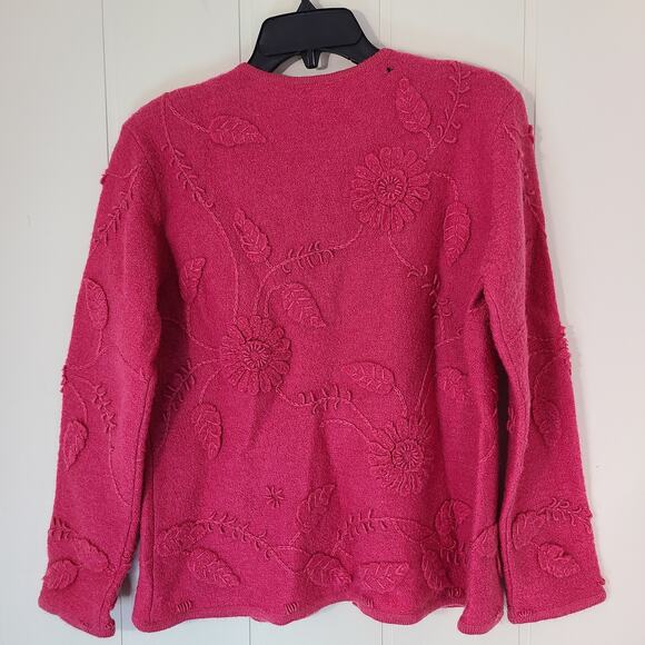 Talbots Petite wool cardigan womens SP Pink Boiled wool floral appliqué Button - Picture 2 of 10